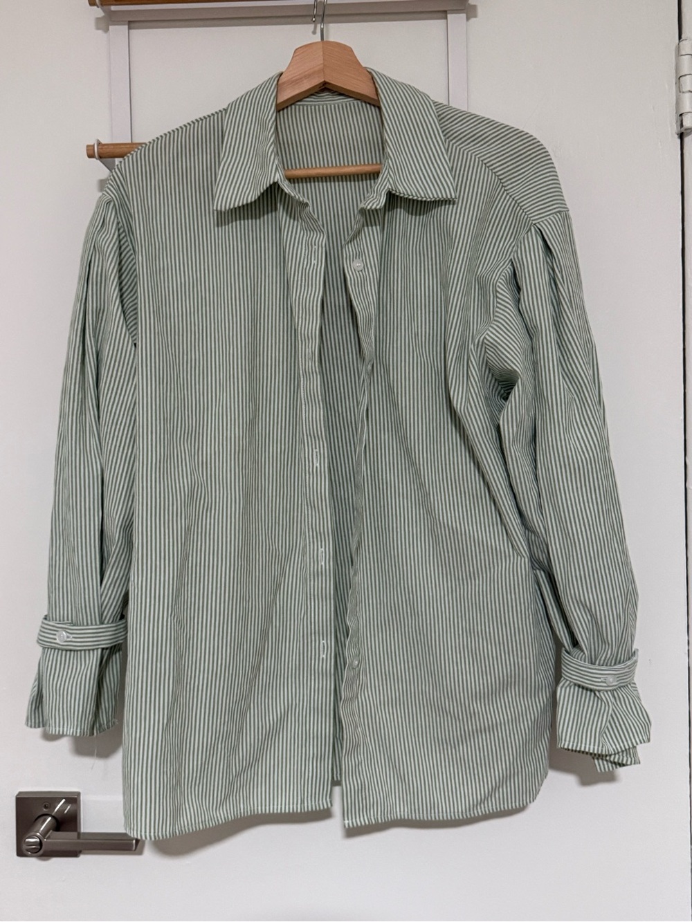 Women’s Light Green Striped Button-Up Shirt with tied cuffs balloon sleeves